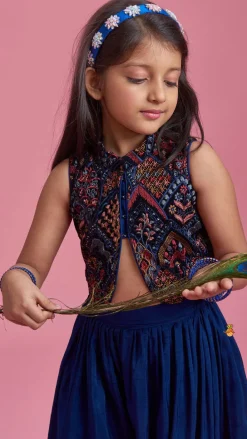 New Stylish Cut Out Thread Embroidered Velvet Blue Top And Flared Palazzo Ethnic Wear | Palazzos & Shararas
