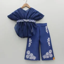 Fashion Stylish Pleated Blue Top And Embroidered Palazzo With Detachable Belt Ethnic Wear | Palazzos & Shararas