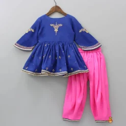 Hot Stylish Sleeves Embroidered Blue Peplum Kurti And Fluorescent Pink Pleated Patiala Ethnic Wear | Dhotis & Patialas