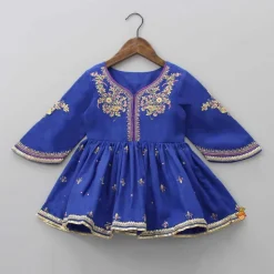 Hot Stylish Sleeves Embroidered Blue Peplum Kurti And Fluorescent Pink Pleated Patiala Ethnic Wear | Dhotis & Patialas