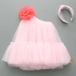 Best Swirled Flower Enhanced Pink One Shoulder Dress With Hair Band Dresses & Sets | Dresses