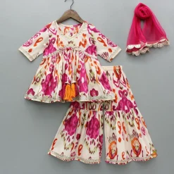 Clearance Tassels Enhanced Multicolour Printed Kurti And Sharara With Scalloped Lace Detail Pink Dupatta Ethnic Wear | Palazzos & Shararas