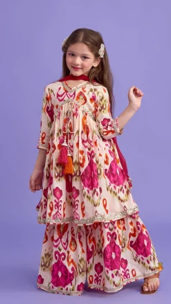 Clearance Tassels Enhanced Multicolour Printed Kurti And Sharara With Scalloped Lace Detail Pink Dupatta Ethnic Wear | Palazzos & Shararas