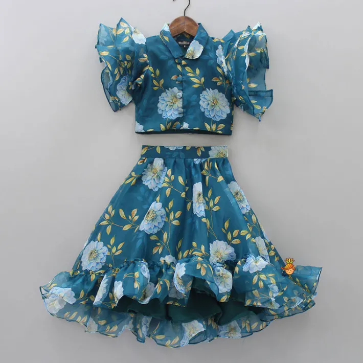 Clearance Teal Blue Floral Printed Top and High Low Lehenga Ethnic Wear | Lehengas & Ghagras