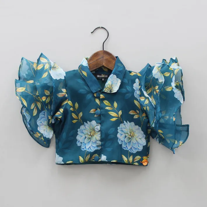 Clearance Teal Blue Floral Printed Top and High Low Lehenga Ethnic Wear | Lehengas & Ghagras