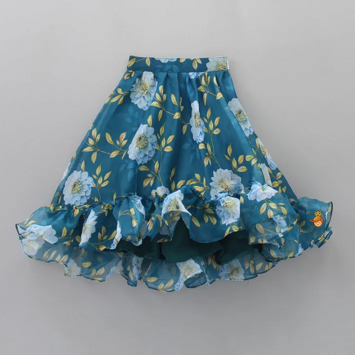 Clearance Teal Blue Floral Printed Top and High Low Lehenga Ethnic Wear | Lehengas & Ghagras