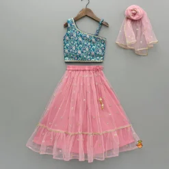 Outlet Teal Floral One-Shoulder Top With Pink Net Skirt And Dupatta Ethnic Wear | Lehengas & Ghagras