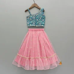 Outlet Teal Floral One-Shoulder Top With Pink Net Skirt And Dupatta Ethnic Wear | Lehengas & Ghagras