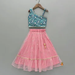 Outlet Teal Floral One-Shoulder Top With Pink Net Skirt And Dupatta Ethnic Wear | Lehengas & Ghagras