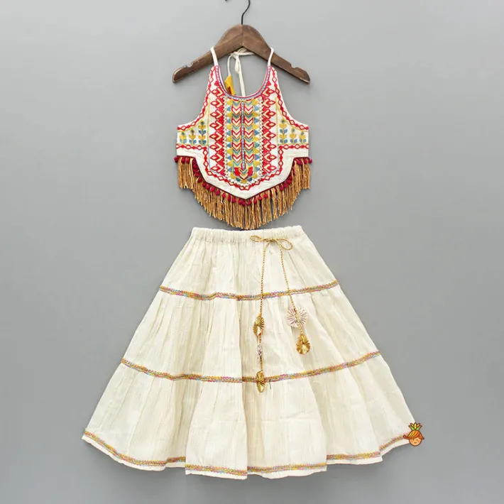 New Thread Embroidered Halter Neck Top And Off White Lehenga Ethnic Wear | Lehengas & Ghagras