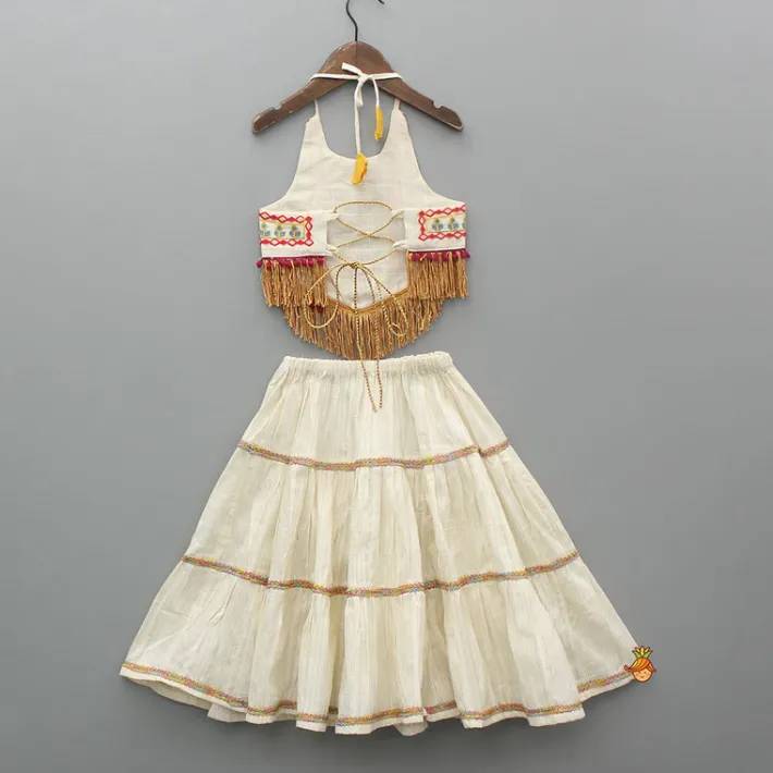 New Thread Embroidered Halter Neck Top And Off White Lehenga Ethnic Wear | Lehengas & Ghagras
