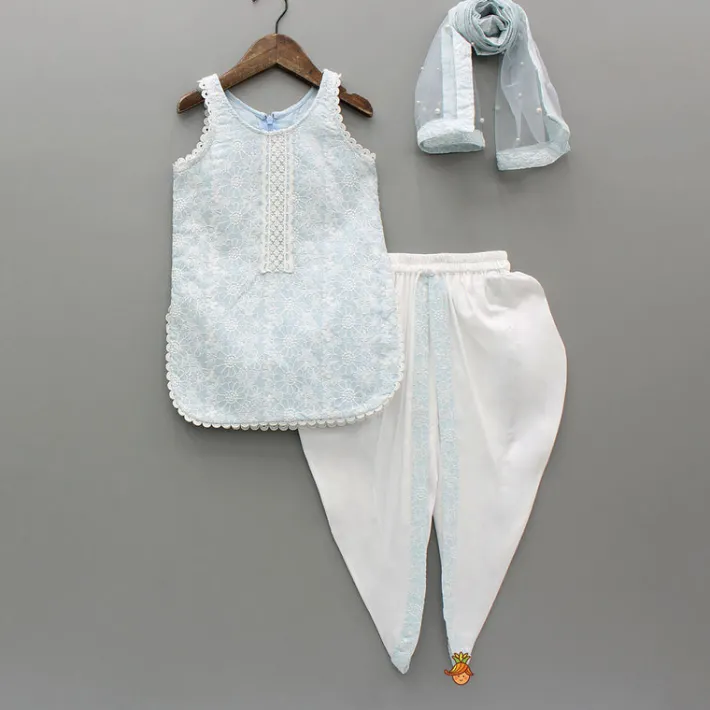 Clearance Thread Embroidered Kurti And Dhoti With Net Dupatta Ethnic Wear | Dhotis & Patialas