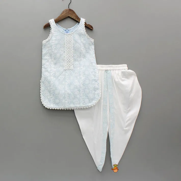 Clearance Thread Embroidered Kurti And Dhoti With Net Dupatta Ethnic Wear | Dhotis & Patialas