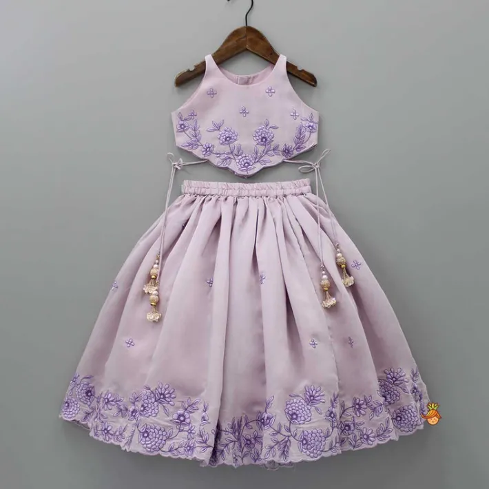 Hot Thread Embroidered Lilac Top And Flared Lehenga Ethnic Wear | Lehengas & Ghagras