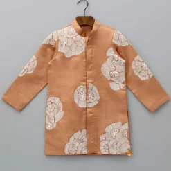 Sale Thread Embroidered Peach Kurta And Off White Pyjama BOY Indian Ethnic Wear | Ethnic Sets