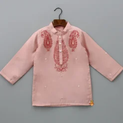 Sale Thread Embroidered Peach Kurta And Pyjama BOY Indian Ethnic Wear | Ethnic Sets