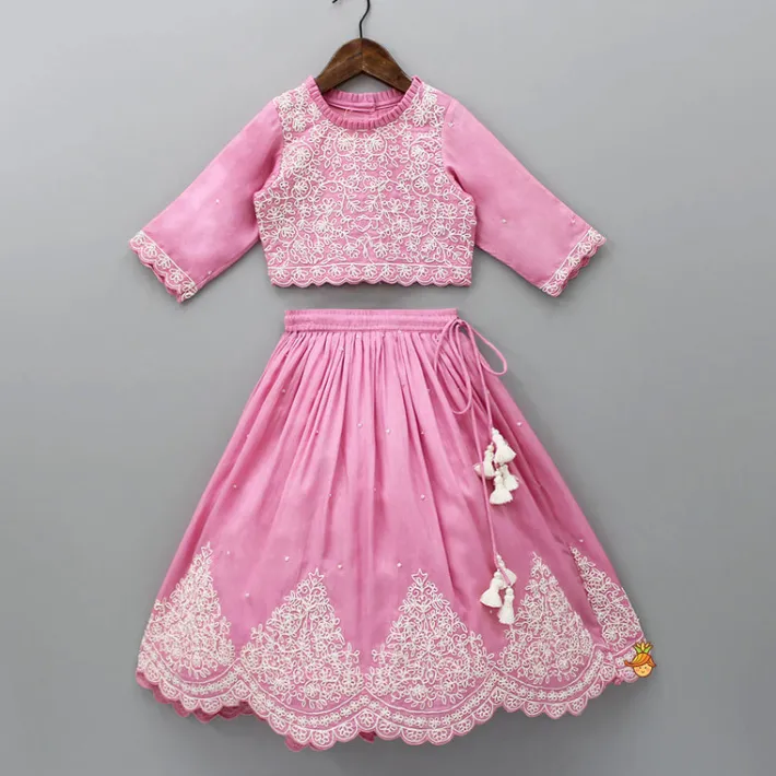 Hot Thread Embroidered Pink Top And Pleated Lehenga Ethnic Wear | Lehengas & Ghagras