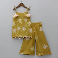 Clearance Thread Embroidered Tie Up Strap Kurti And Palazzo With Dupatta Ethnic Wear | Palazzos & Shararas