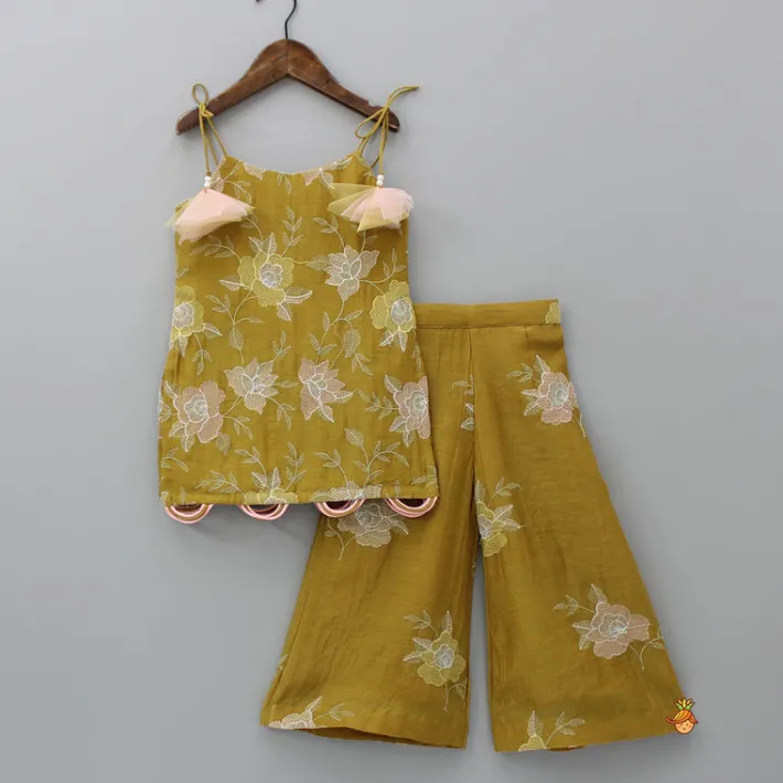 Clearance Thread Embroidered Tie Up Strap Kurti And Palazzo With Dupatta Ethnic Wear | Palazzos & Shararas