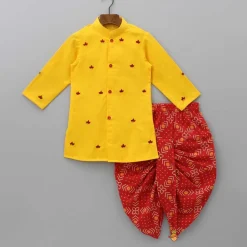 Online Thread Embroidered Yellow Kurta With Bandhani Printed Red Dhoti BOY Indian Ethnic Wear | Ethnic Sets
