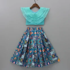 Hot Triple Layered Blue Top With Printed Lehenga Ethnic Wear | Lehengas & Ghagras