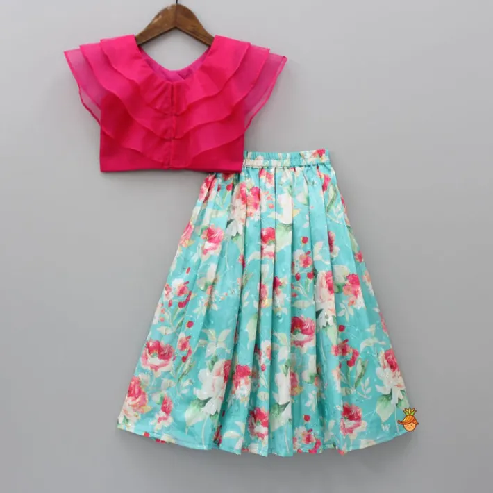 Discount Triple Organza Layered Fuchsia Pink Flap Top And Floral Embroidered Aqua Blue Lehenga Ethnic Wear | Lehengas & Ghagras