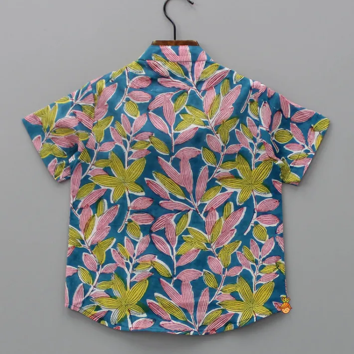 Sale Tropical Leaves Printed Teal Blue Shirt BOY Shirts & Tees