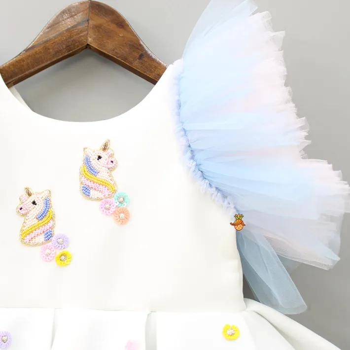 Hot Unicorn Embroidered Yoke Neoprene White And Light Blue Dress Dresses & Sets | Dresses