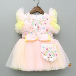New Unicorn Printed Dual Tone Frilly Dress With Matching Sling Bag Dresses & Sets | Dresses