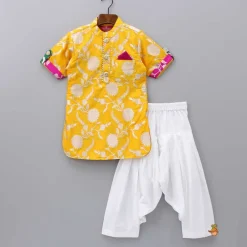 Sale Upturned Sleeves Yellow Floral Brocade Kurta With Patiala BOY Indian Ethnic Wear | Ethnic Sets