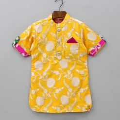 Sale Upturned Sleeves Yellow Floral Brocade Kurta With Patiala BOY Indian Ethnic Wear | Ethnic Sets
