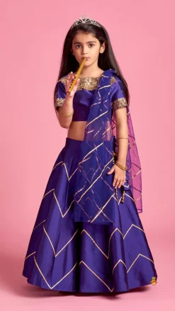 Clearance V Cut Back Embroidered Purple Top And Gota Lace Detail Lehenga With Matching Checks Dupatta Ethnic Wear | Lehengas & Ghagras