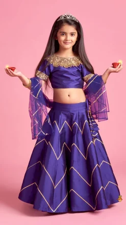 Clearance V Cut Back Embroidered Purple Top And Gota Lace Detail Lehenga With Matching Checks Dupatta Ethnic Wear | Lehengas & Ghagras