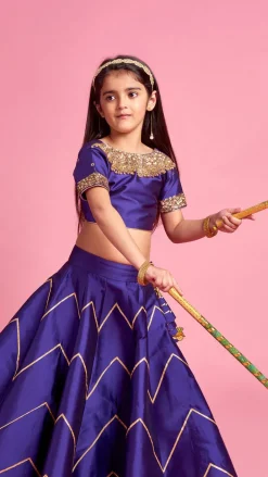 Clearance V Cut Back Embroidered Purple Top And Gota Lace Detail Lehenga With Matching Checks Dupatta Ethnic Wear | Lehengas & Ghagras