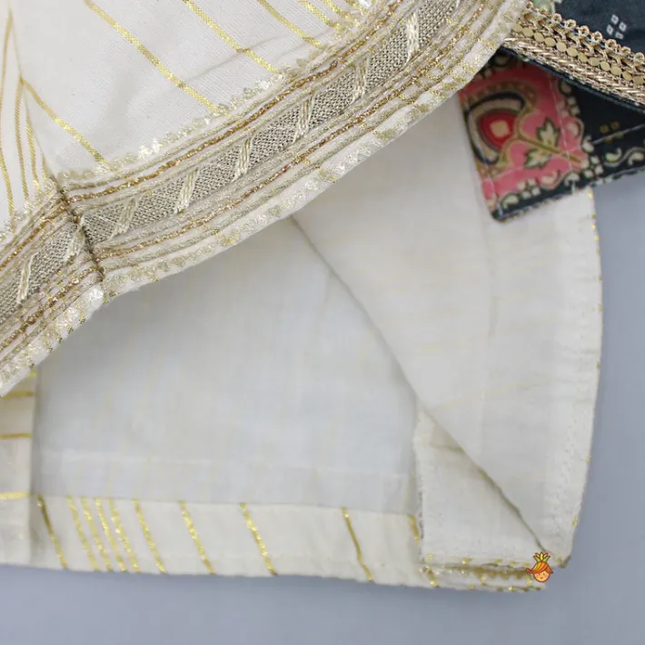 Clearance V Neck Lurex Striped Lace Work Ivory Top And Tassels Enhanced Lehenga With Matching Dupatta Twinning Sets | Ethnic Wear