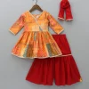 Fashion V Neck Multicolour Printed Kurti And Red Sharara With Matching Dupatta Ethnic Wear | Palazzos & Shararas