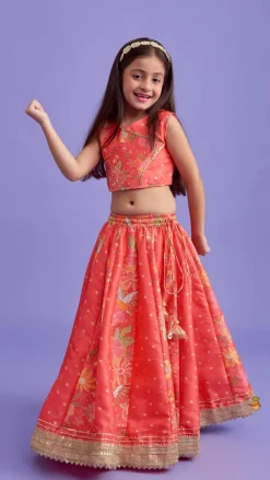Online V Neck Peach Top And Printed Lehenga With Hair Band Ethnic Wear | Lehengas & Ghagras
