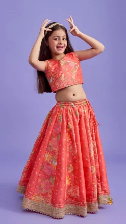 Online V Neck Peach Top And Printed Lehenga With Hair Band Ethnic Wear | Lehengas & Ghagras