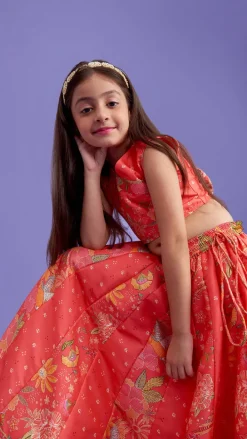 Online V Neck Peach Top And Printed Lehenga With Hair Band Ethnic Wear | Lehengas & Ghagras