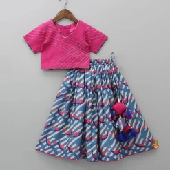 New V Neck Short Sleeves Pink Top And Peacock Printed Flared Palazzo With Sling Bag Twinning Sets | Ethnic Wear