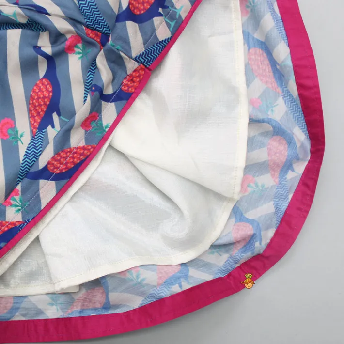 New V Neck Short Sleeves Pink Top And Peacock Printed Flared Palazzo With Sling Bag Twinning Sets | Ethnic Wear