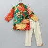 Clearance Velvet Floral Printed Orange Kurta With Green Velvet Jacket And Pyjama BOY Indian Ethnic Wear | Ethnic Sets