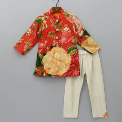 Clearance Velvet Floral Printed Orange Kurta With Green Velvet Jacket And Pyjama BOY Indian Ethnic Wear | Ethnic Sets