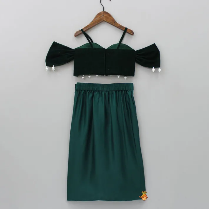 Hot Velvet Green Off Shoulder Top And Dhoti Style Skirt Ethnic Wear | Dhotis & Patialas