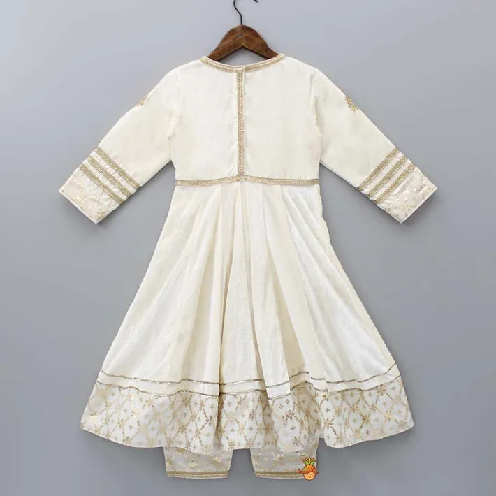 New Velvet Off White Front Slit Kurti And Pant With Dupatta Ethnic Wear | Churidars & Salwars