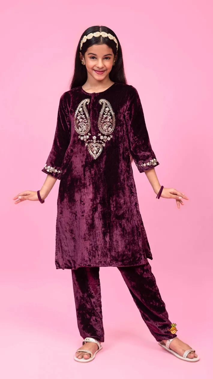 Online Velvet Zardozi Embroidered Kurti And Pant Ethnic Wear | Churidars & Salwars