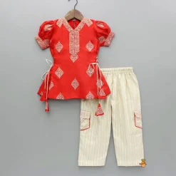 New V-Neck Embroidered Red Top And Patch Pocket Detail Pant Ethnic Wear | Churidars & Salwars
