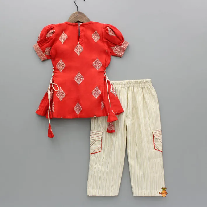 New V-Neck Embroidered Red Top And Patch Pocket Detail Pant Ethnic Wear | Churidars & Salwars