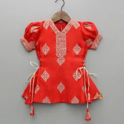 New V-Neck Embroidered Red Top And Patch Pocket Detail Pant Ethnic Wear | Churidars & Salwars