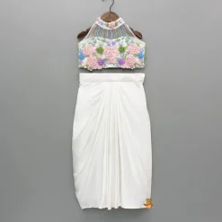 Best White Embroidered Embellished Halter Neck Top With Dhoti Style Skirt Ethnic Wear | Dhotis & Patialas